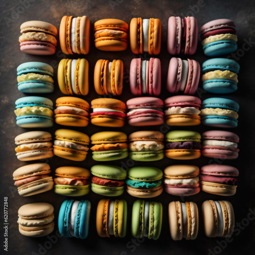 collection of French macarons in an array of vibrant colors and flavors, showcasing the delicate shells and luscious fillings