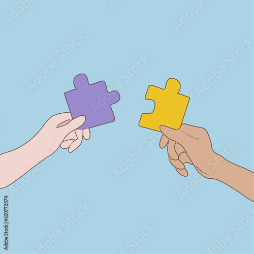 Hands holding puzzle pieces, teamwork and partnership concept. Symbol of business, cooperation and innovation. Hand-drawn, vector illustration.