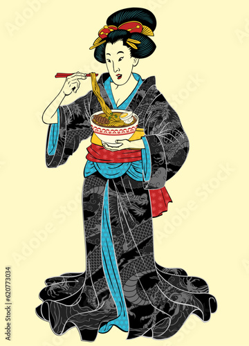Geisha Enjoying Ramen in Traditional Kimono