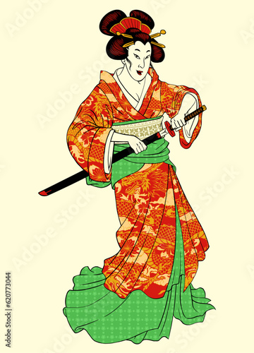 Geisha in Traditional Kimono using japanese katana