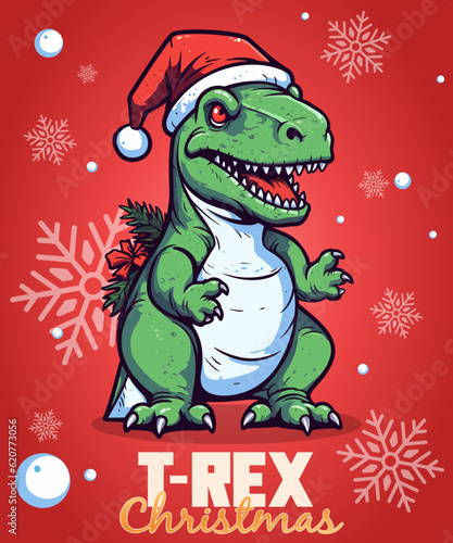 Vector Illustration, Dinosaur T-Rex Christmas Cartoon Character
