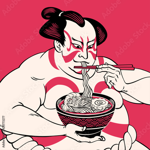 Happy Sumo Eating His Ramen With Ukiyo E Style Illustration