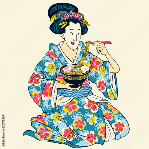 Illustration of Japanese Geisha In Kimono Eating Ramen