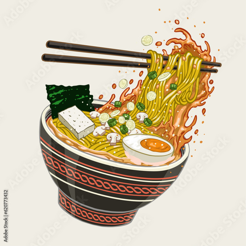 Japanese Ramen Noodle in Bowl in hand drawn style