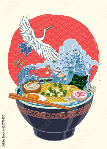 Japanese Ramen Noodle in Bowl in Vintage Old Japan Painting Style