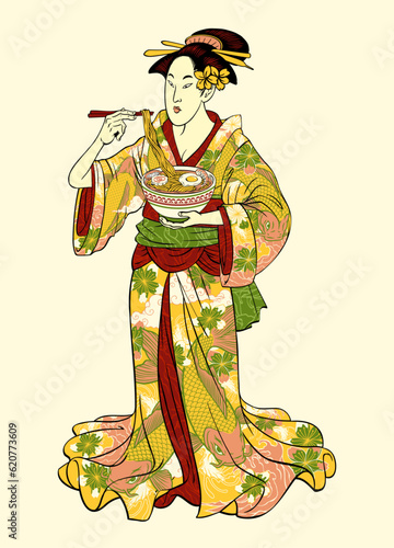 Vintage japanese Geisha Eating Ramen in Traditional Kimono