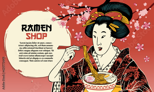 Vintage japanese Painting of Geisha eating the Ramen Noodle Background