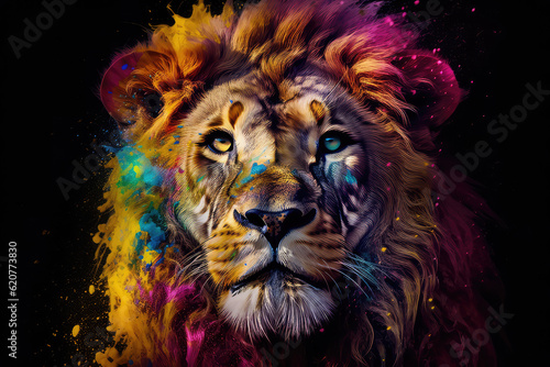 An vibrant photograph of a lion splashed in bright paint, contemporary colors and mood social background