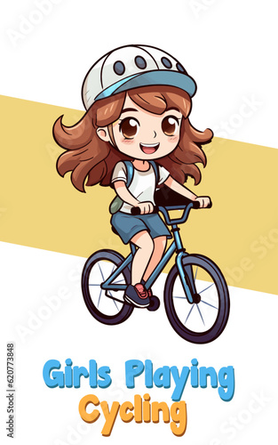 Vector Illustration, Cartoon Girl Character Cycling, Full Body
