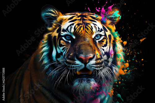 An vibrant photograph of a Tiger splashed in bright paint, contemporary colors and mood social background, generative AI