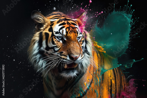 An vibrant photograph of a Tiger splashed in bright paint, contemporary colors and mood social background, generative AI