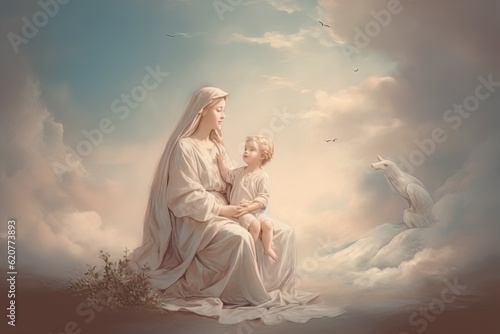 Canvas-taulu Photo illustration of the Orthodox Mother of God Virgin Mary with the baby bibli