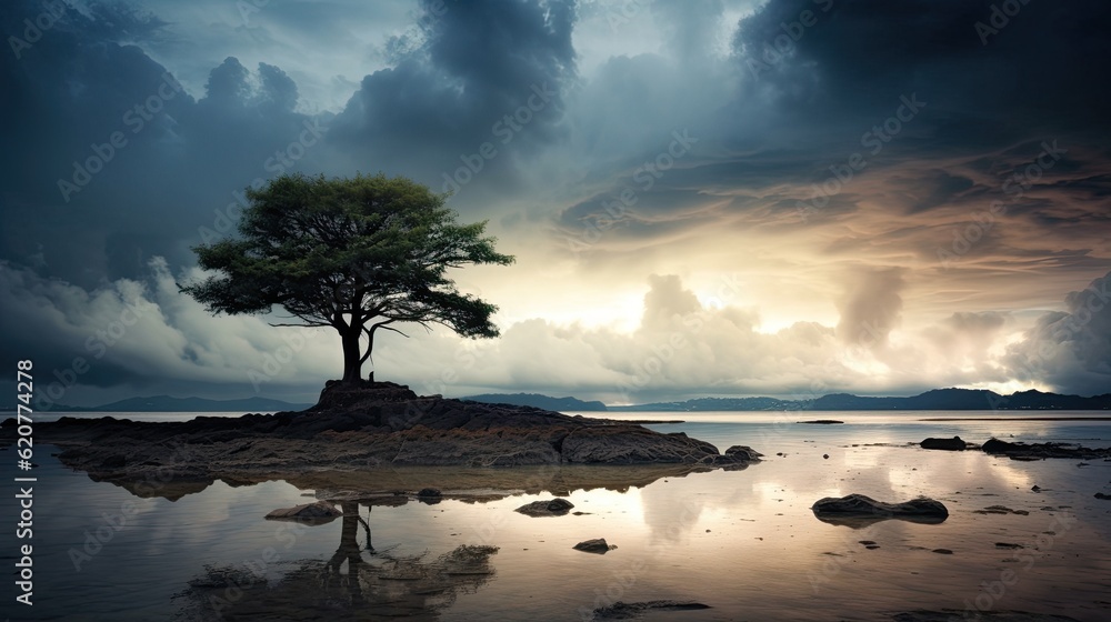 Tropical beach with lonely tree and stormy sky