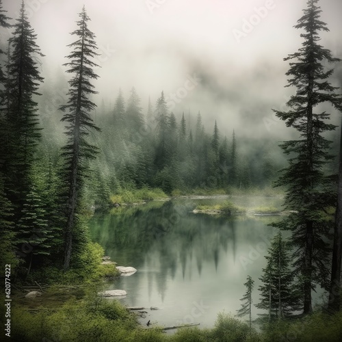 Lake surrounded by fog and trees © BLOSSEUM