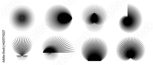 Abstract spiky elements set. Radial and spiral spokes objects collection. Thin thorn shapes and angular sunburst bundle for posters, collages, decoration. Vector pack