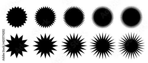 Zig zag edge circle shape set. Jagged round elements collection. Graphic design elements for decoration, banner, poster, template, sticker, badge. Vector