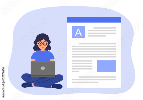 Copywriter freelance and blogger author create online article content concept vector illustration. Writing web content on computer.