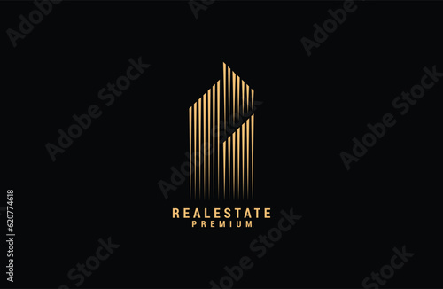 Real Estate line Logo Template Gold colored Vector Illustration