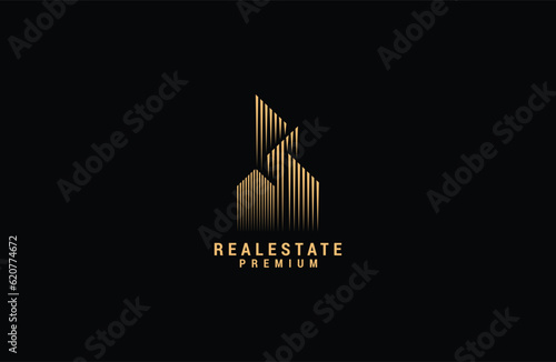 Real Estate line Logo Template Gold colored Vector Illustration