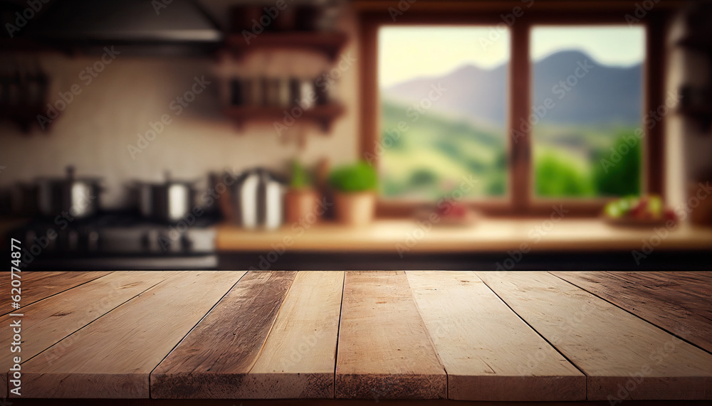 Empty old wooden table with countryside kithcen in background Empty old wooden table with countryside kithcen in background