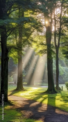 Sun rays through the trees and leaves