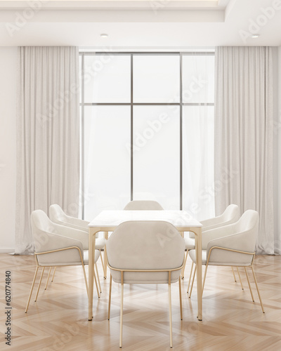 Scandinavian elegance stylish dining area with dining table  parquet floor  natural light  curtain  and decorative wall modern and stylish decor. 3D render