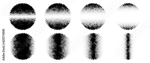 Halftone circle shapes with linear fading gradient. Dotted textured round forms collection in comic pop art style. Black spotted design elements bundle. Rasterized pixelated background pack. Vector