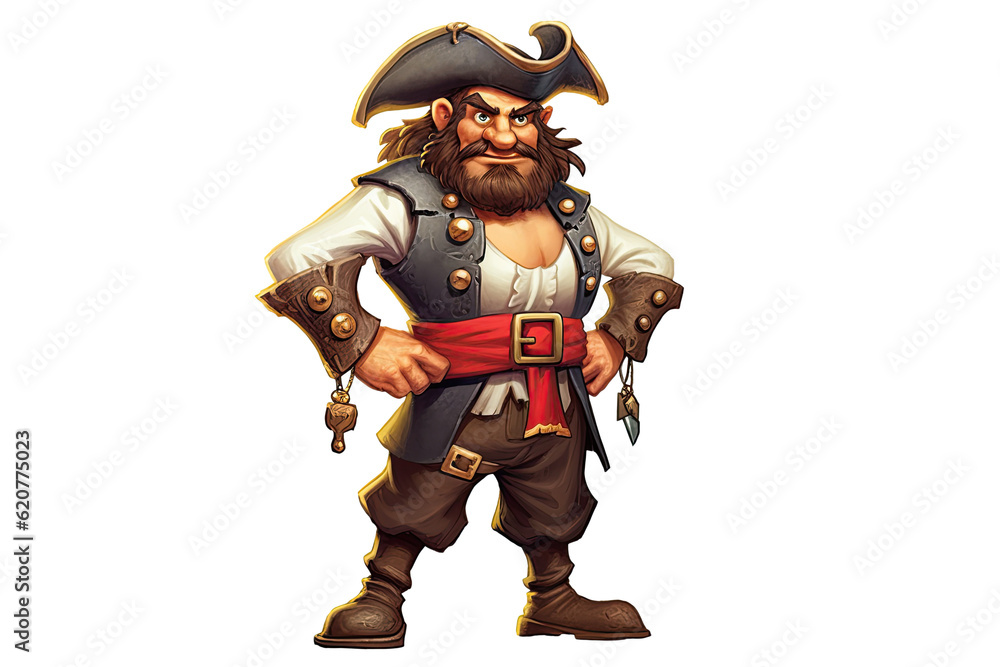 Naklejka premium cartoon character male pirate in a hat on a white isolated background. Generative AI illustration