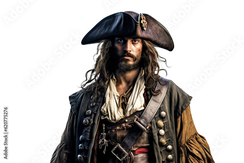 Photo man bearded pirate in a hat on a white isolated background