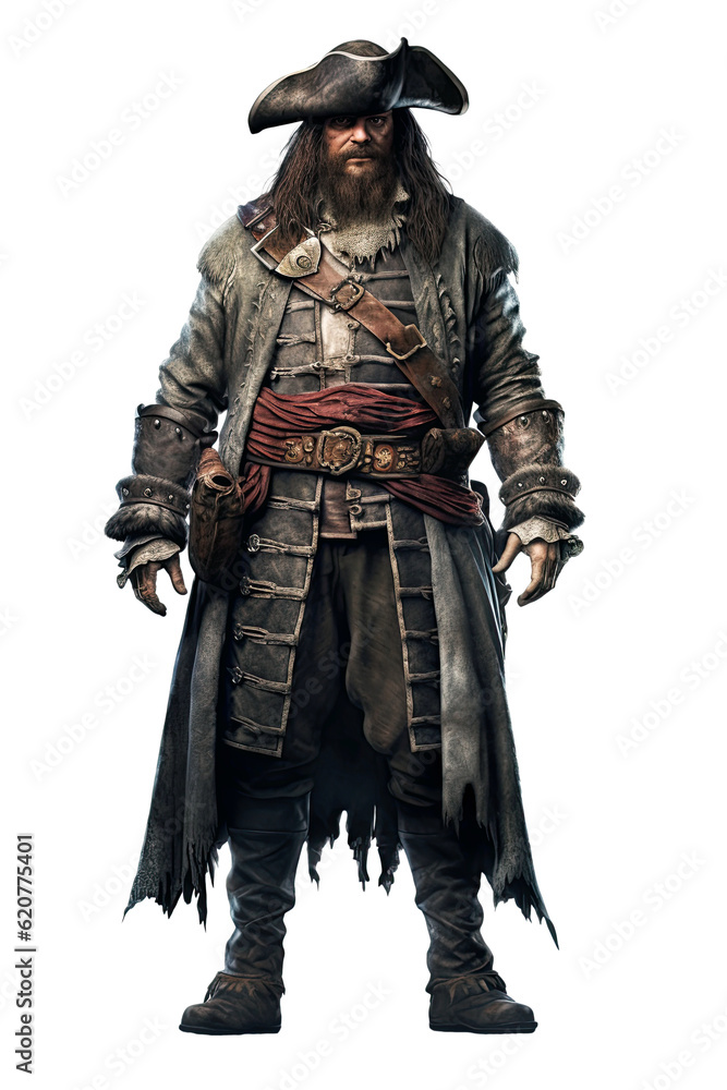 Naklejka premium man is an old bearded pirate in a hat on a white isolated background. Generative AI illustration