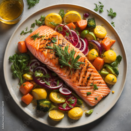 Fototapeta Zesty citrus salmon, featuring a perfectly cooked fillet of salmon marinated wit