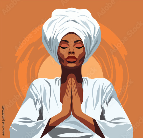 Vector portrait poster afro dark-skinned woman woman white turban on head suitable for yoga studio lotus pose