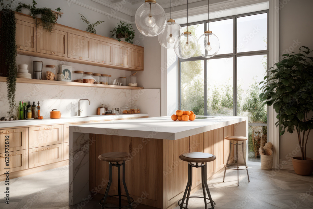 Experience a modern kitchen with clean lines, natural wood accents, and spacious layout, perfect for culinary enthusiasts. Designed with the help of Generative AI.