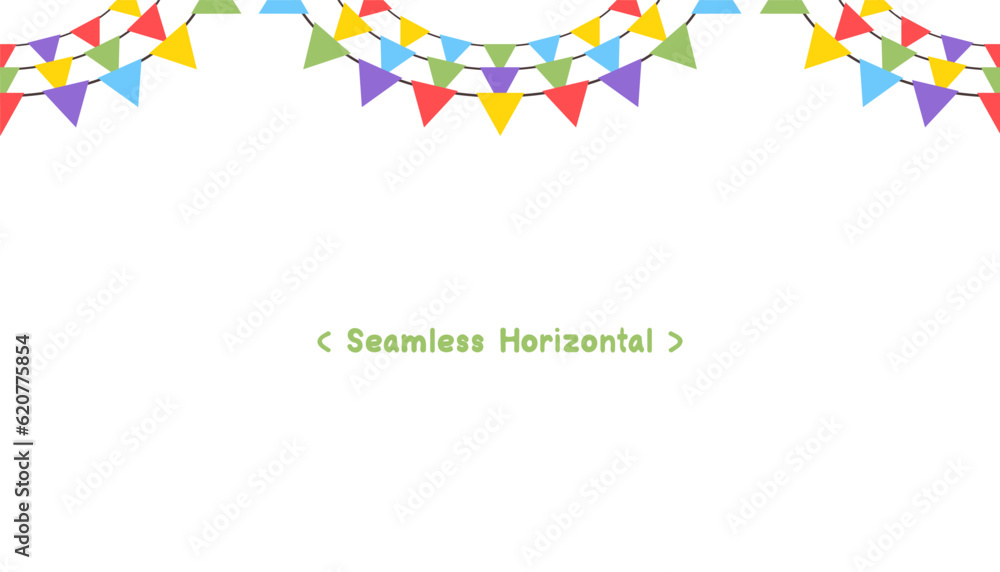 Obraz premium Seamless Horizontal Celebrate a Colorful flag garlands party isolated on white background. Birthday, Christmas, anniversary, and festival fair concept. Vector illustration flat cartoon design.
