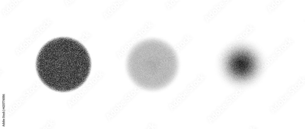 Stippled texture circle set. Black dotted round element collection. Fading noise grain dot work shapes. Vanishing half tones and shadows effect illustration bundle. Vector pack