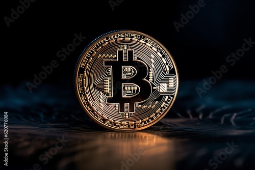 Golden bitcoin on dark background. Cryptocurrency concept. photo