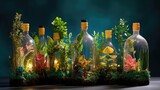 Miniature garden with plants and glass bottles