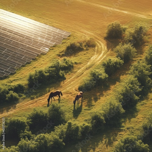 Aerial view of horses grazing in a green meadow at sunset