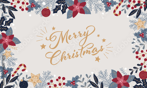 Fotografia ヒイラギやポインセチアで装飾したクリスマスカード。フラットなデザイン。ベクター背景。