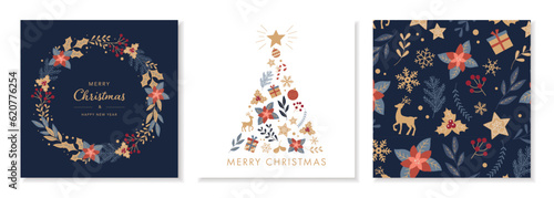 クリスマスカードのコレクション。フラットなデザイン。ベクター背景。