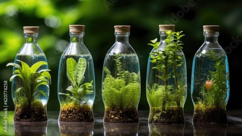 Miniature garden with plants and glass bottles © BeeryGift