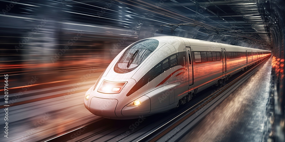 High-speed train moving on Asian train station. Modern passenger train moving fast on the train platform. commercial transportation. blurred background