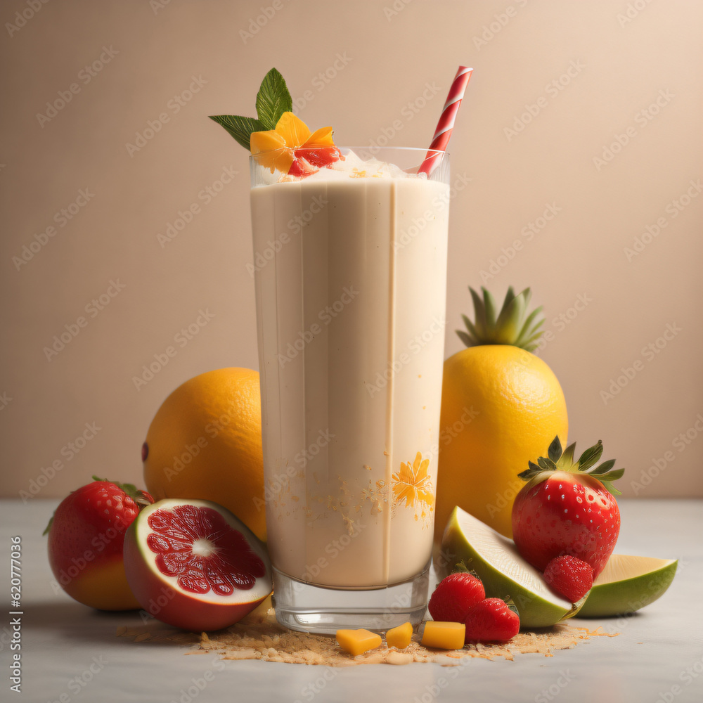 refreshing blend of tropical fruit smoothie and creamy coconut shake, adorned with fresh fruit garnish. Beige backdrop complements the product and allows for effective branding refreshing blend of tropical fruit smoothie and creamy coconut shake, adorned with fresh fruit garnish. Beige backdrop complements the product and allows for effective branding