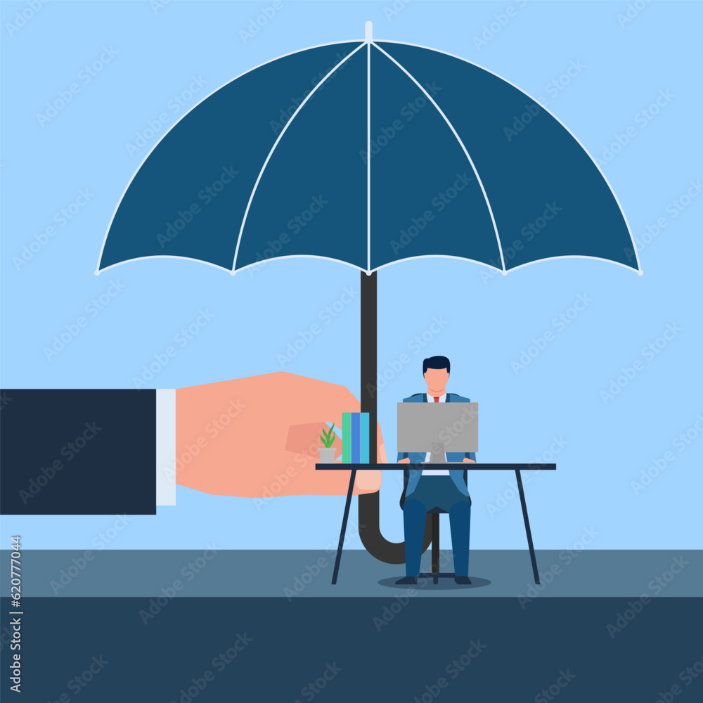 Business man work under umbrella metaphor of business protection. Business flat vector concept illustration. Business man work under umbrella metaphor of business protection. Business flat vector concept illustration.