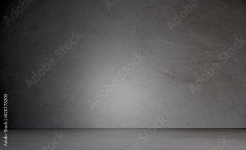 background and concrete backdrop and cement shelf showing products in black and gray , empty studio interior and with empty messages background.