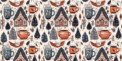 Seamless pattern of winter cozy atmosphere with house, trees and cups, doodle vector for wrapping paper, wallpaper, textile, fabric