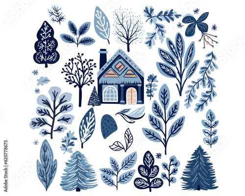 set with winter houses and forest fir trees, trees and leaves, doodle vector for wrapping paper, wallpaper, textile, fabric