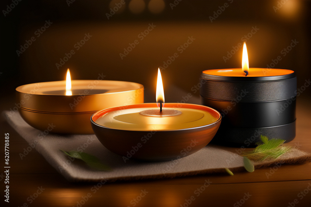 Aromatic candles lit, decorating and brightening the sophisticated environment. Generative AI_2. Aromatic candles lit, decorating and brightening the sophisticated environment. Generative AI_2.