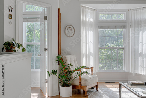 Fotografie Bright Luxury organic sustainable mid century modern living room interior with w