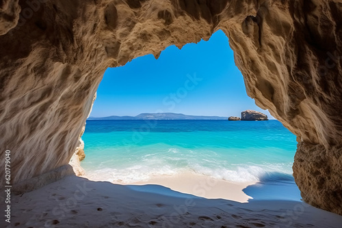 View of the paradise beach on the aegean coast of greece cave in the sea photography